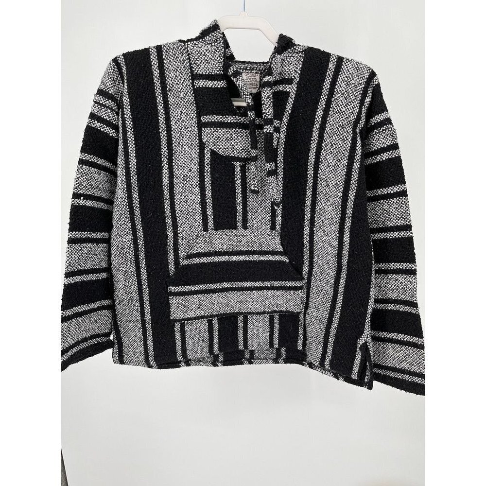 Art Maz Striped Woven Eco-Friendly Pullover Hoodie Rasta Size M Black & White